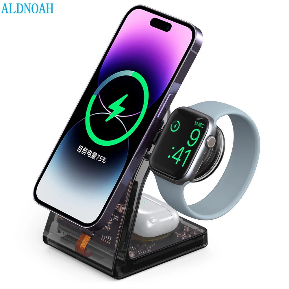 3 in 1 Magnetic Transpare 15W Wireless Charger Stand for iPhone 14 13 12 Pro Max Apple Watch AirPods Fast Charging Dock Station