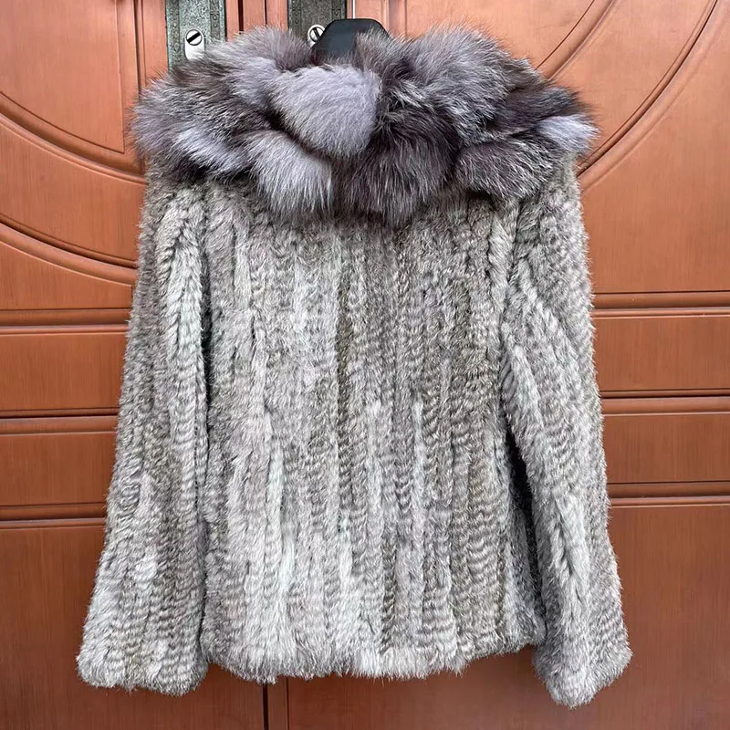 2023 New Women Knitted Real Rabbit Fur Coat With Real Fox Fur Collar Female Long Sleeve Autumn Luxury Genuine Rabbit Fur Jacket