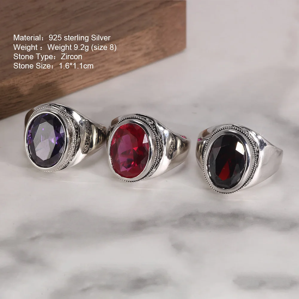 Real 925 Sterling Silver Rings For Women With Zircon Stone Amethyst Ruby Garnet Vintage Thai Silver Flower Engraved Jewelry