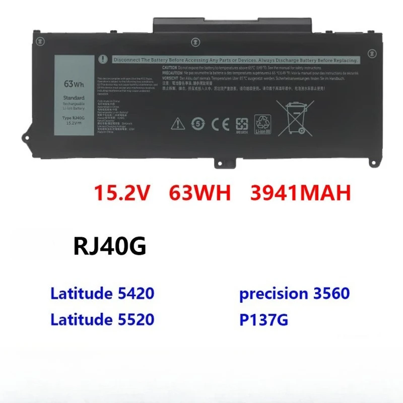 15.2V 3941mAh Rechargeable RJ40G Notebook Battery For Dell Latitude 5420 5520 3560 High Capacity