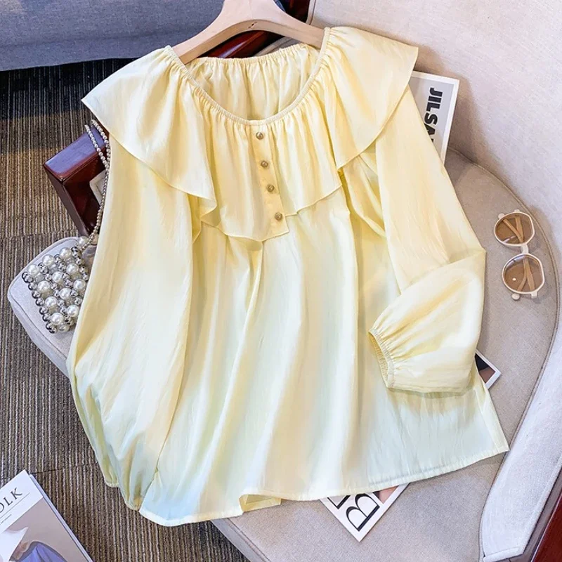 

Ladies Spring Autumn 2025 Plus Size Blouses For Women FrenchLarge Size Long Sleeve O-neck Solid Color Loose Ruffle Shirt