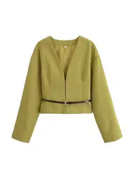Women's Fitted Blazer Coat with Belt, V Neck, Long Sleeve, Female Outerwear, Chic Tops, Fashion