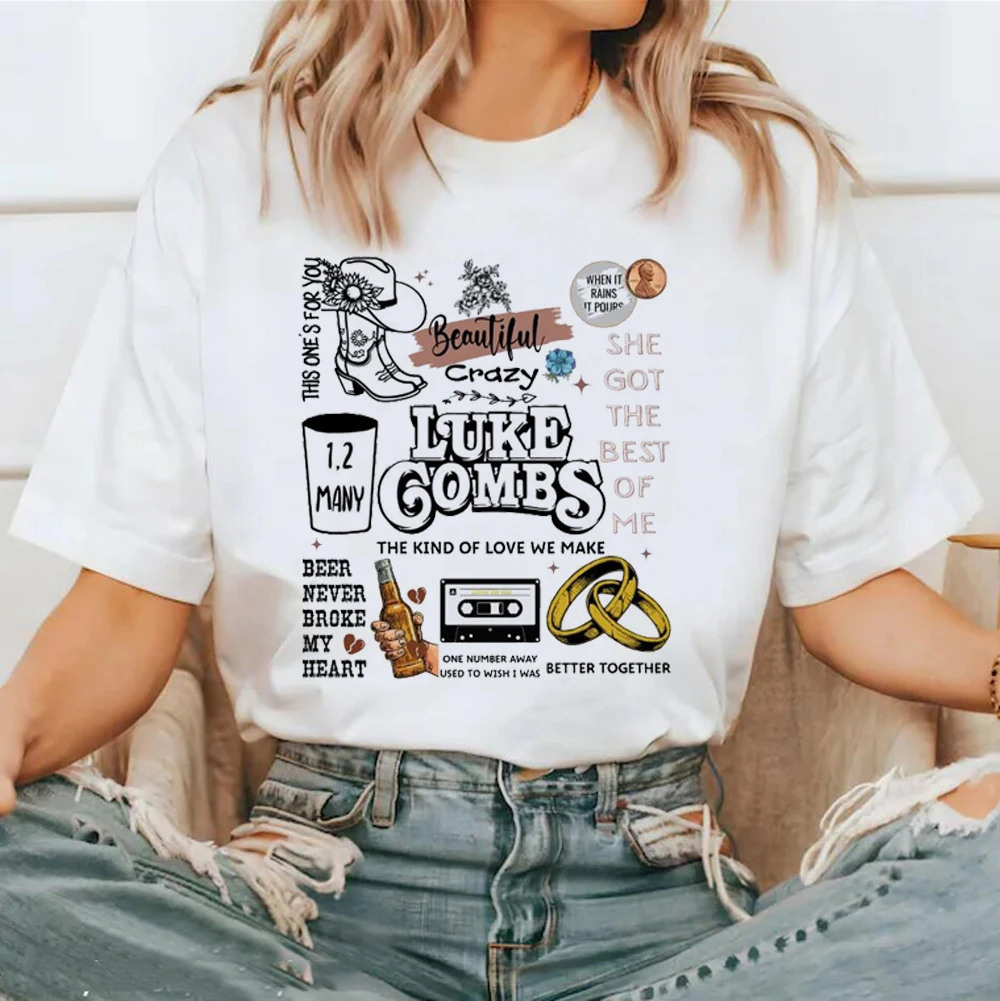 Women's T-Shirt Luke Combs Beautiful Crazy Doodles Printed Trendy Street Cartoon Pattern Street Casual Women's Top O-Neck T-Shir