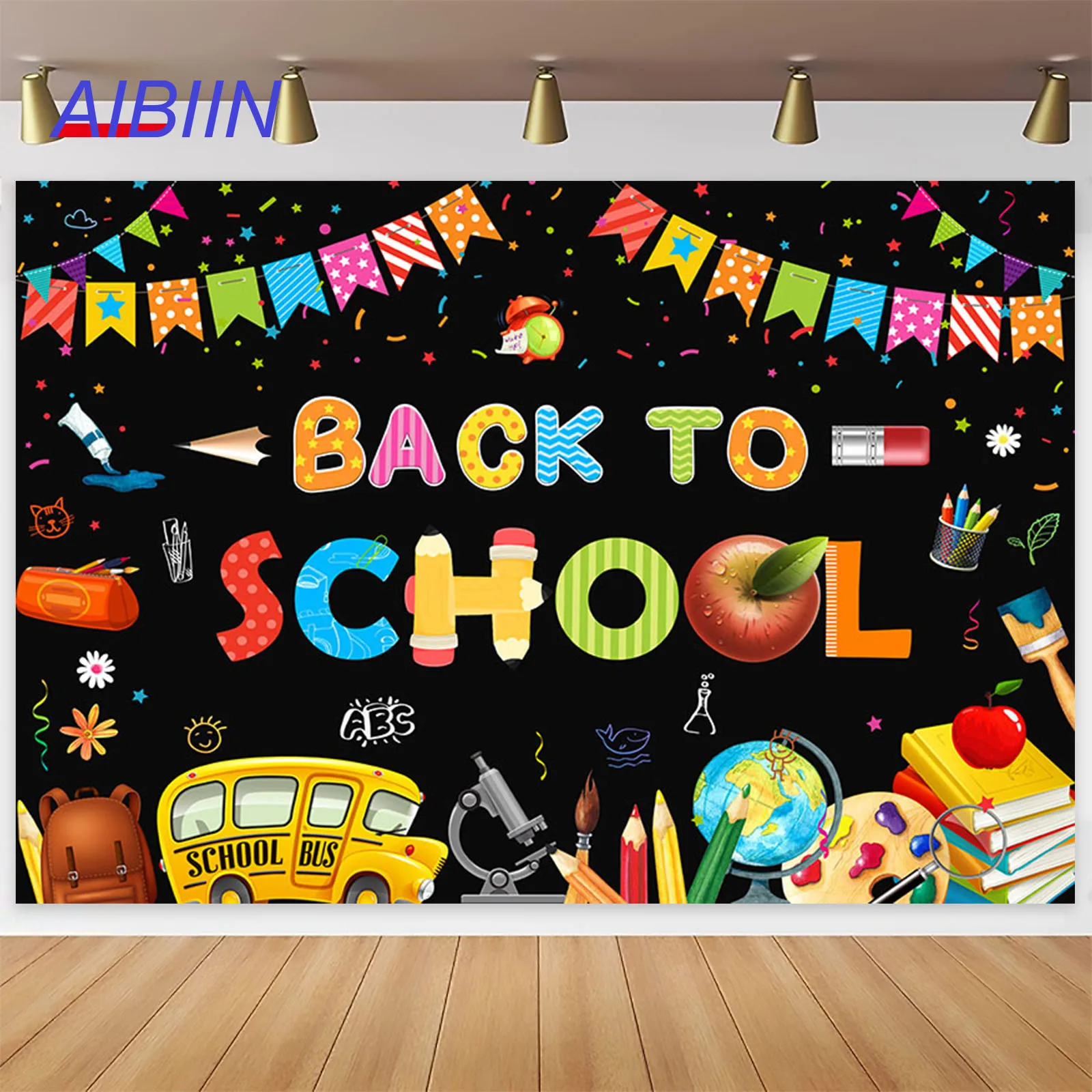 

AIBIIN Back to School Photography Backdrop School Bus Bag Globe Pencil Stationery Background Classroom Party Decor Photozone