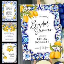 Mediterranean Lemon Bridal Shower Welcome Sign Mosaic Board Customized Navy Blue Lemon Welcome Sign for Birthday Wedding Decor