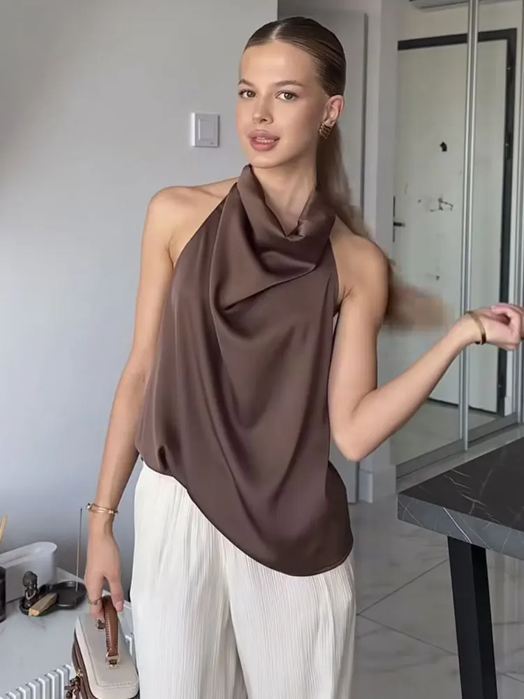 เสื้อแฟชั่นผู้หญิงแบบผูกคอ สไตล์เรียบหรู เปิดไหล่ เซ็กซี่ เหมาะสำหรับฤดูร้อน โชว์หลัง เสื้อกล้ามทรงทันสมัย สไตล์ Y2K