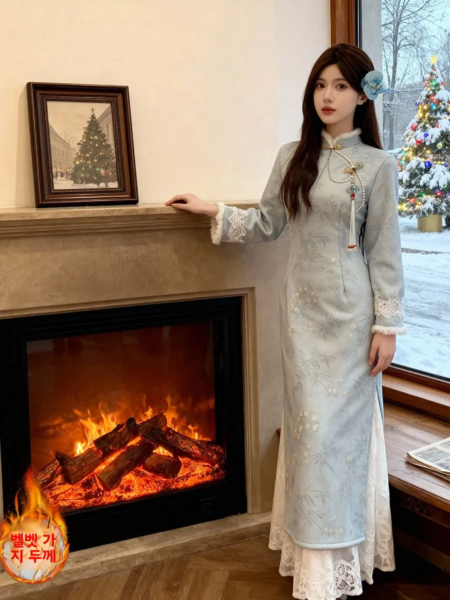 2025-winter-new-sle-women's-traditional-chinese-thiened-fce-lined-warm-blue-daily-wear-long-sve-midi-dr