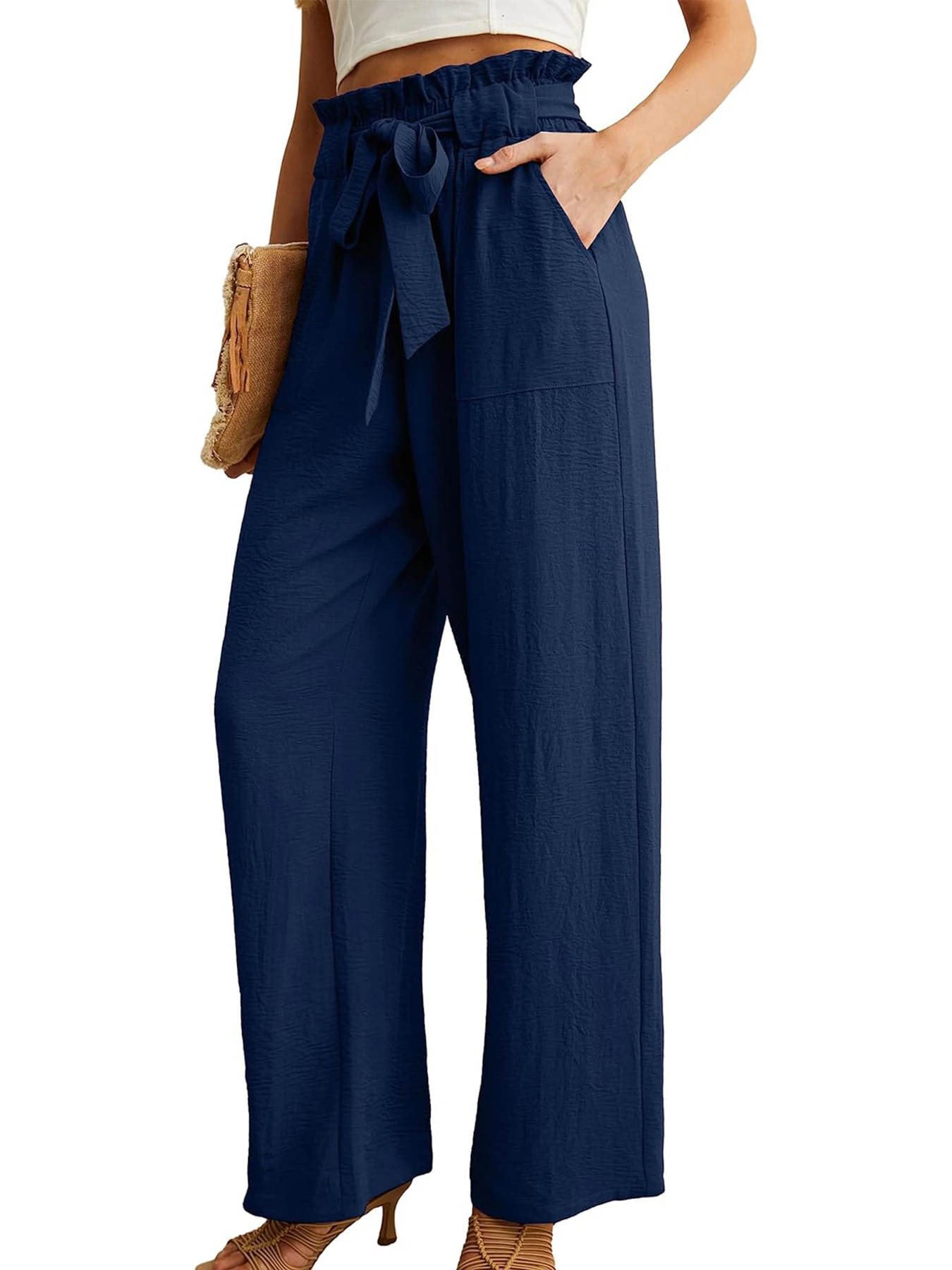 Damen-Freizeithose mit hoher Taille und weitem Bein, mit Taschen, verstellbarem Kordelzug, locker, schlank machend, bequem für den Urlaub – Detail 2