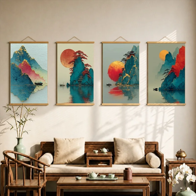 Wall Decorations Red and Teal Mountains with Fishing Boat, Pearlescent Canvas Hanging Scroll for Tea House Wall Decor