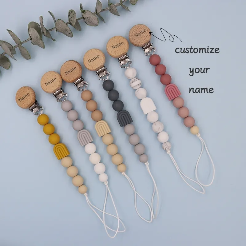 

Держатель для пустышки с радужными бусинами и именем на заказ, однотонная силиконовая цепочка для детского пустышки, цепочка-прорезыватель.