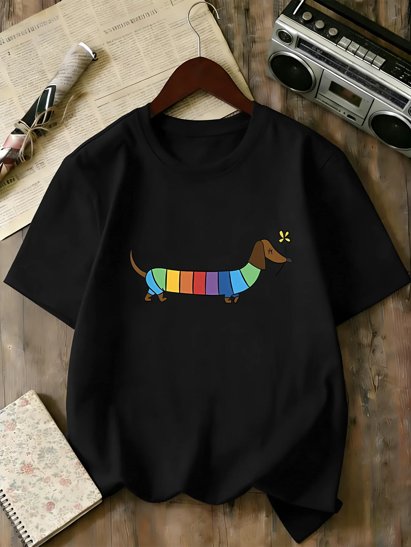 Boys Girls Family Matching Tee Lovely Rainbow Dachshund Cartoon Art Print Short Sleeve Soft Cotton Kids Daily Outdoor Outfit