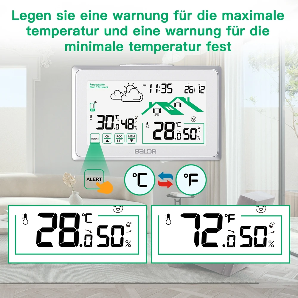 Baldr محطة الطقس اللاسلكية الذكية الرقمية LCD الرطوبة ميزان الحرارة سجل RCC ساعة تنبيه التقويم الاتجاه توقعات الاستشعار
