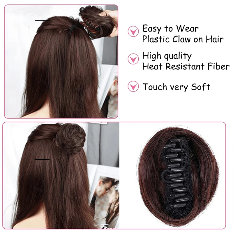 Pão de cabelo encaracolado sintético para mulheres Clipe de garra de cor mista Cabelo bagunçado Updo Fibra química