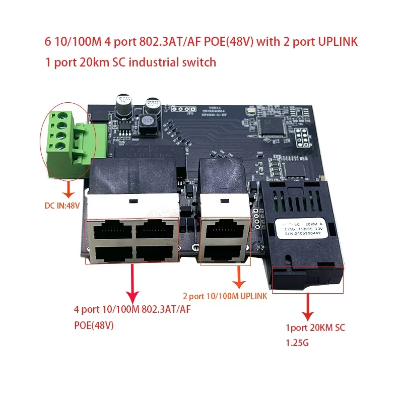 

4port 802.3AT/AF 48V POE10/100M Ethernet Fiber Optical Media Converter with 2port uplink with 1 port 20km 1.25 1310A/1550B SC