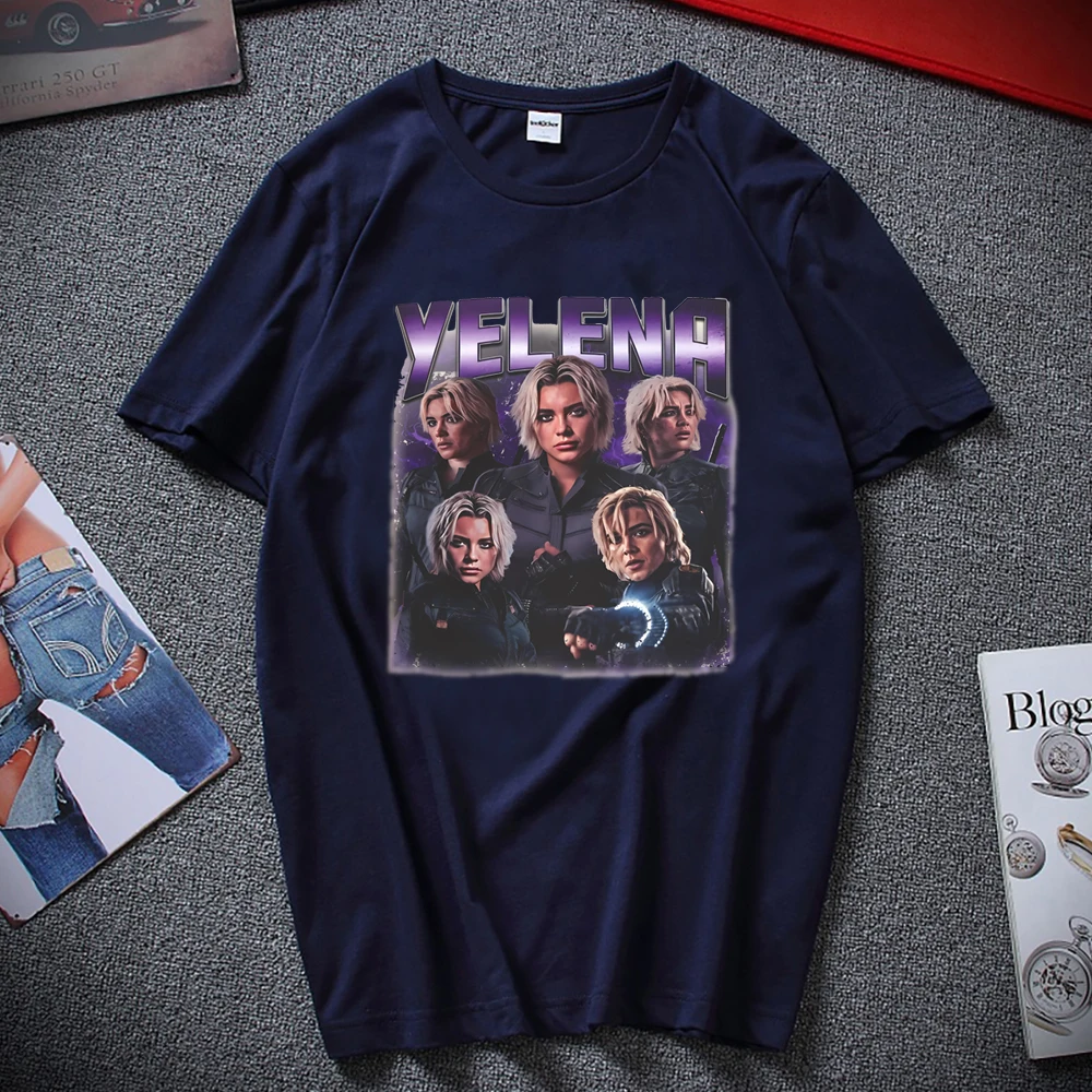 Limited Yelena Belova Thunder-bolts 셔츠 레트로 슈퍼 히어로 그래픽 티 MCU Florence Pugh Tee 트렌디 한 반소매 Tshirt 팬 선물