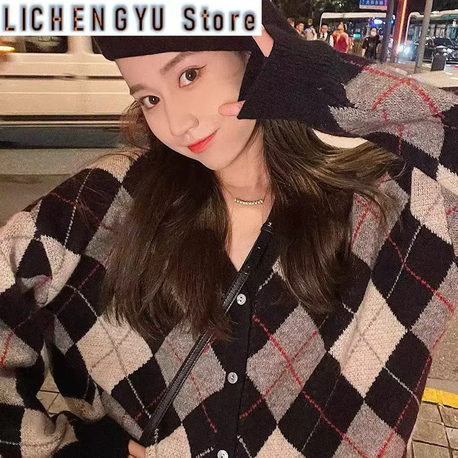 New Winter Spring Argyle Cardigan Women Jacket Sweater N Vintage V Neck Knit Sweater Fall College Warm Tops Sweet Fashion Coat