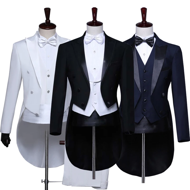 Men\'s Tuxedo Tailcoat (Jacket + Vest + Pants) Black White Navy Dress Coat Swallowtail Dinner Party Wedding Magic Show Stage Suit