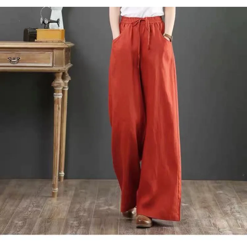 연장형 코튼 린넨 예술적 드레이프 와이드 레그 레이스 퍼플 플로어 길이 바지