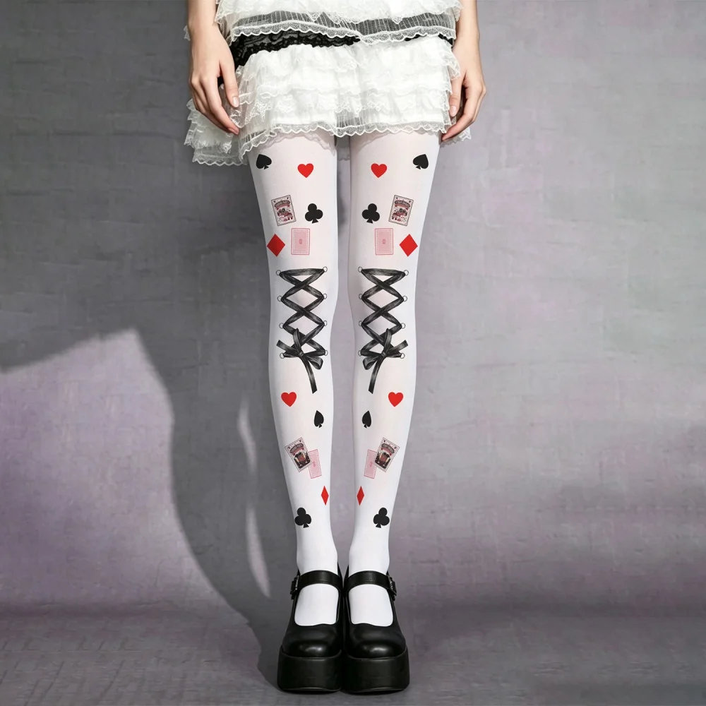 Y2K Gothic Subculture Diamond checkered bow pattern pantyhose Halloween printed playing cards JK four season socks Decoration