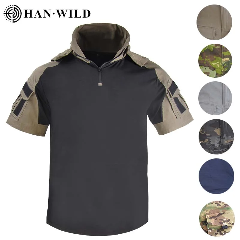 HAN WILD Katoenen shirts Tactisch shirt voor mannen Combat T-shirt Slijtvast Airsoft Camping T-shirts Capuchon Wandelen Jachtkleding