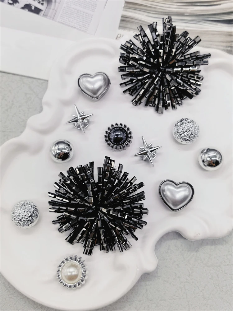 12PCS Shiny Firework Starbust Shoe Charms Accessories Silvery Heart Clogs Shoe Buckles DIY Decorations Round Beads Shoe Clips