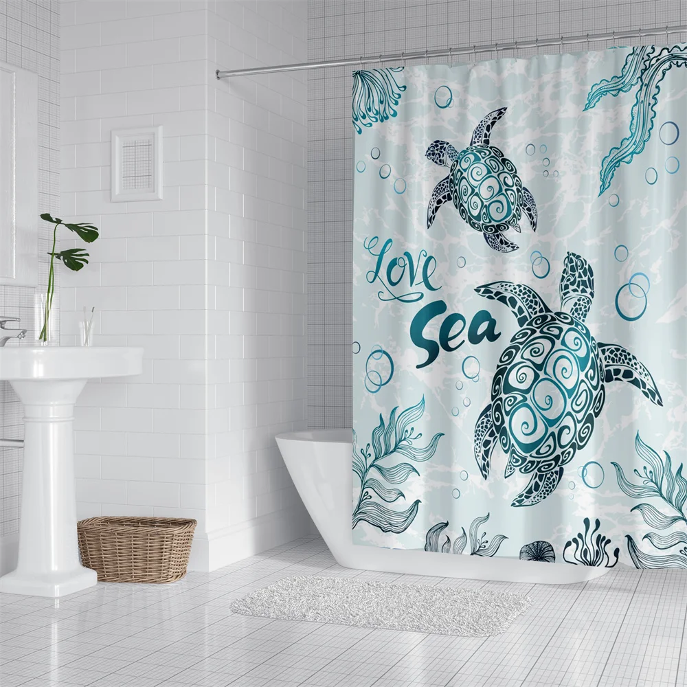 1pc Turtle Bubbles Shower Curtain Bathroom Partition Decorative Curtain Machine Washable Sea Turtle Print Window Privacy Curtain