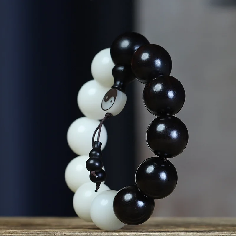 Umq purple sandalwood beads with white jade Bodhi bracelet Yin Yang Tai Chi Bodhi root bracelet play ornament couple style