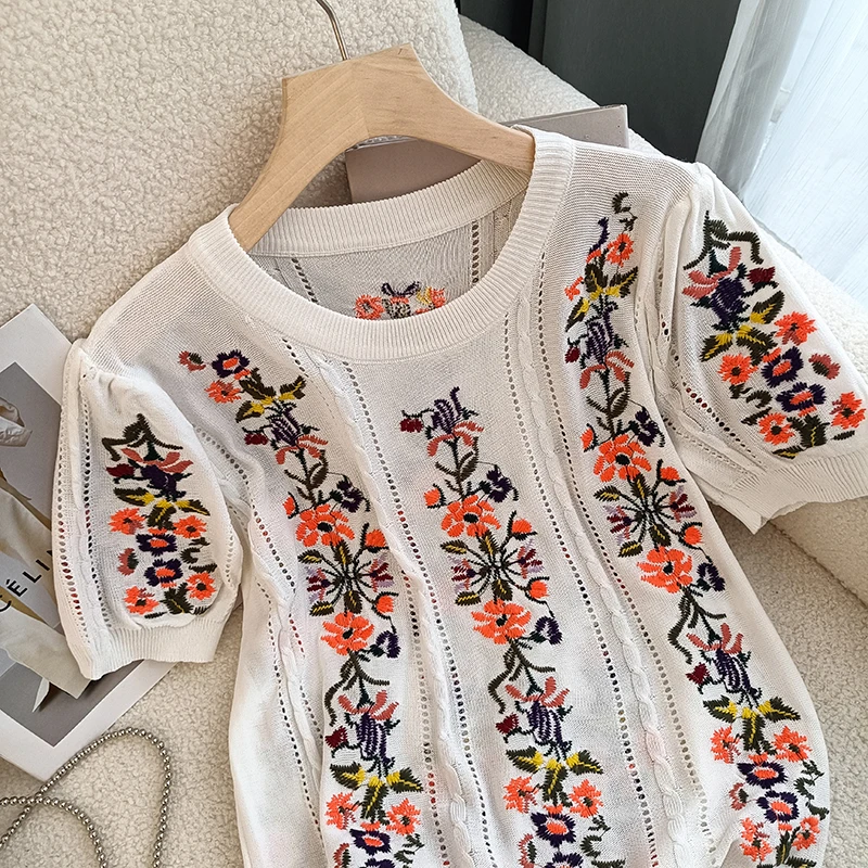 Hollow Out Pullover Embroidery Sweaters Women Sueter Mujer Vintage Tops Spring Summer Floral Knitted Jumper Sweater Shirts