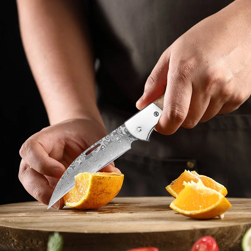 Damascus Folding Knife Fruit Peeler Tools Paring Knife with Wooden Handle for Kitchen Accessories Multifunction Utility Knife