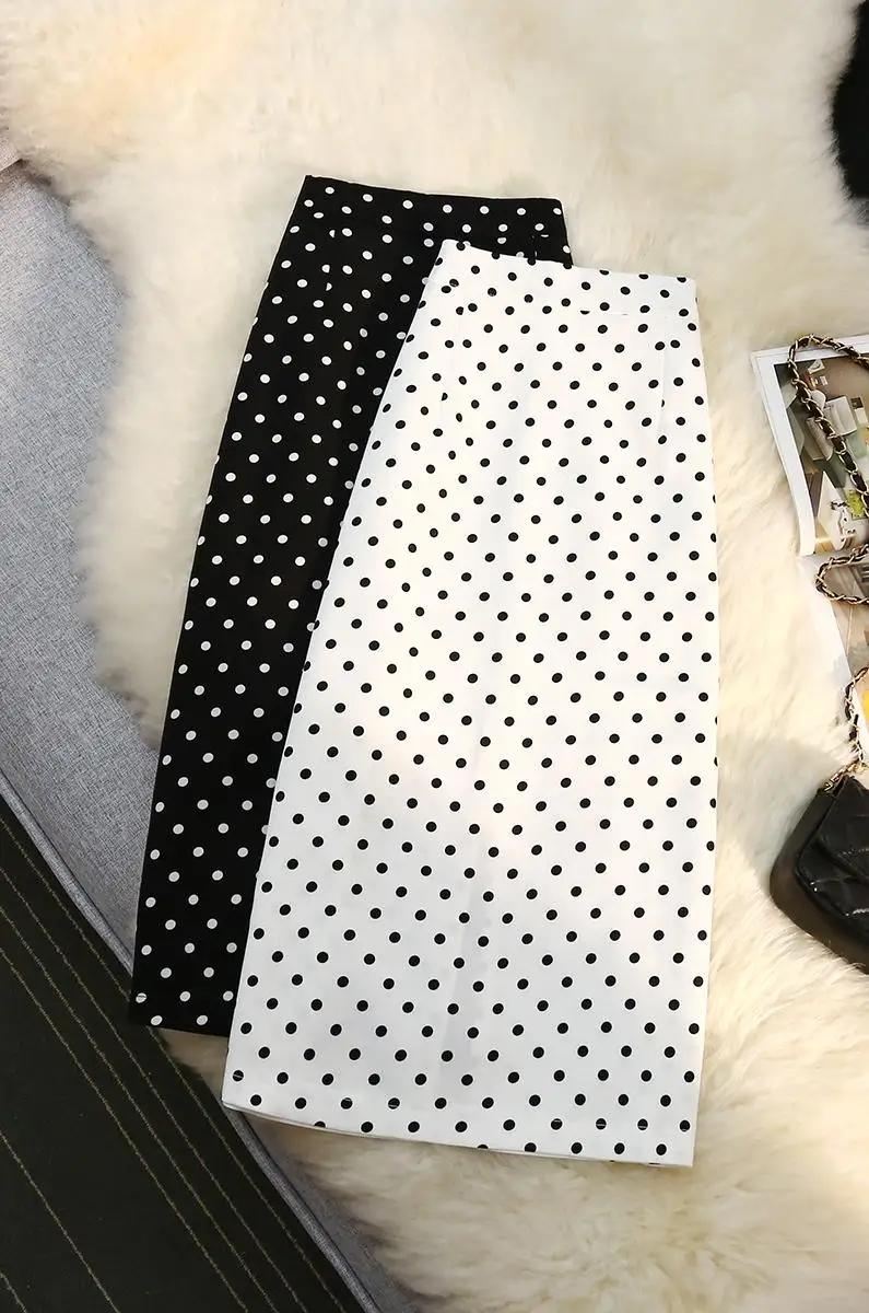 Seoulish z tylnym rozcięciem w kropki damskie spódnice w stylu Vintage elastyczny, wysoki talia elegancka spódnica biurowa Midi-line damska 2024 nowość