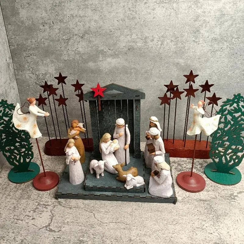 Nativity Scene Figurines 17Pcs Resin Jesus Nativity Figures Sculpted Manger Decoration Christmas Ornament For Study Living Room