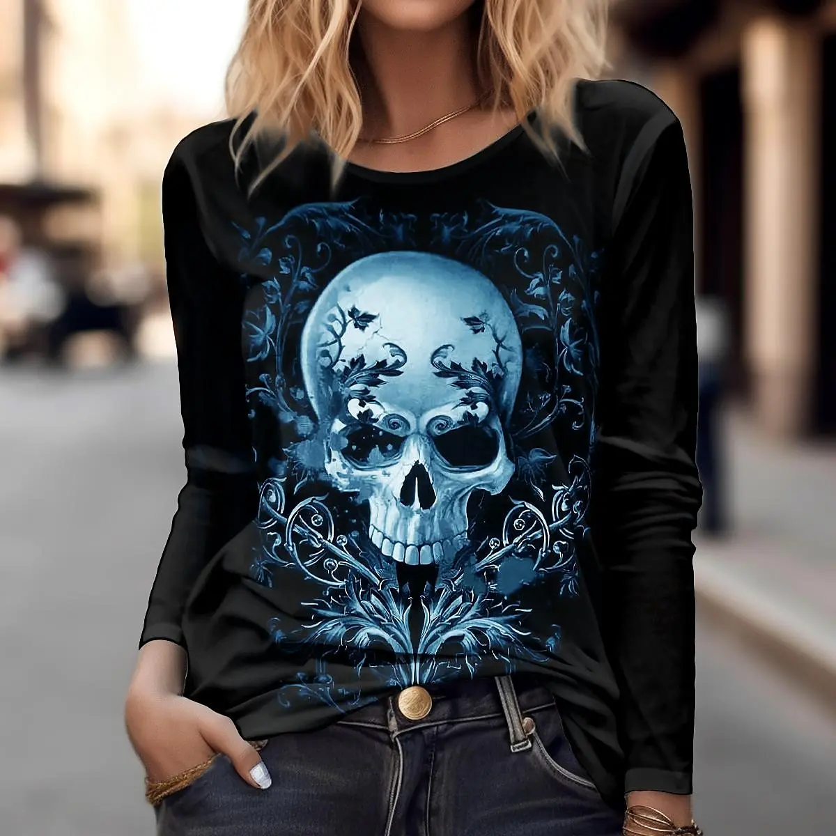 Autumn And Winter Fashion Women’S Top O-Neck Sexy Skull Flower Print T-Shirt Gothic Hollow Long Sleeve Female Tops