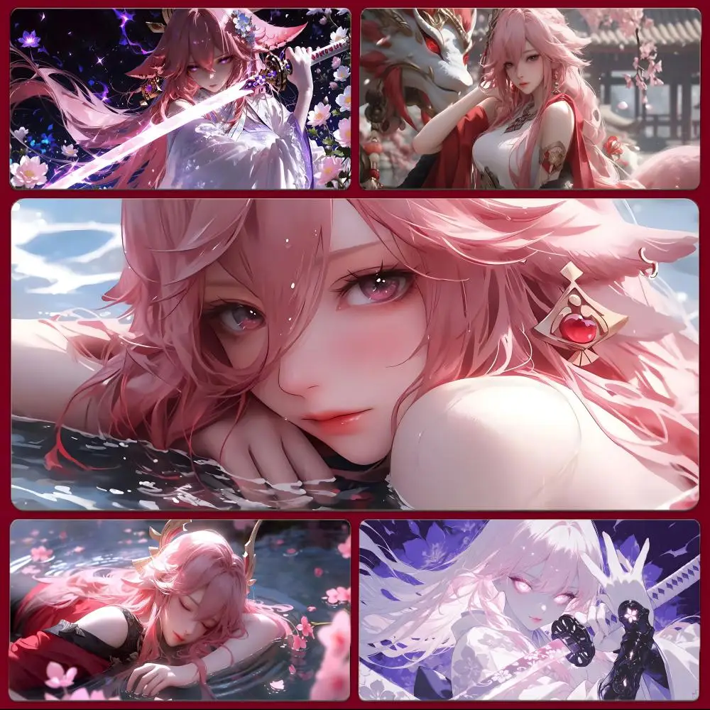 Elegant Colourful G-Genshin Impact Y-Yae Miko Mouse Pad Large Gaming Mousepad with Stitched Edges Thickened Desk Mat PC