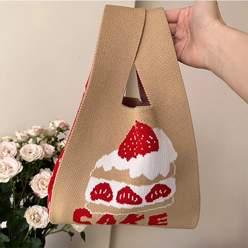 Handmade Knit Handbag Strawberry Pattern Women Knitted Bag Wrist-Bag Female Casual Color Tote Bag Student Reusable Shopping Bags