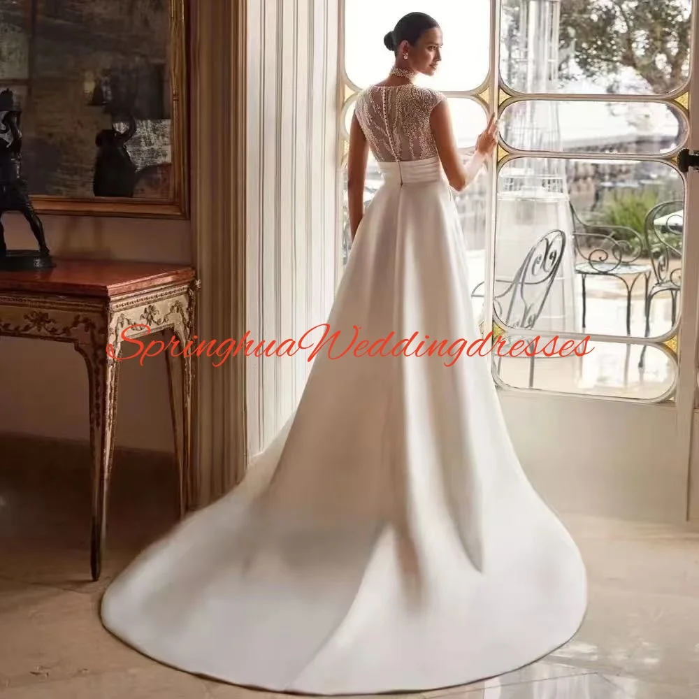 Customized Luxury V Neck Satin A Line Wedding Dresses Elegant Backless Appliques Robe Beaded Court Train Bridal Gown Cap Sleeve