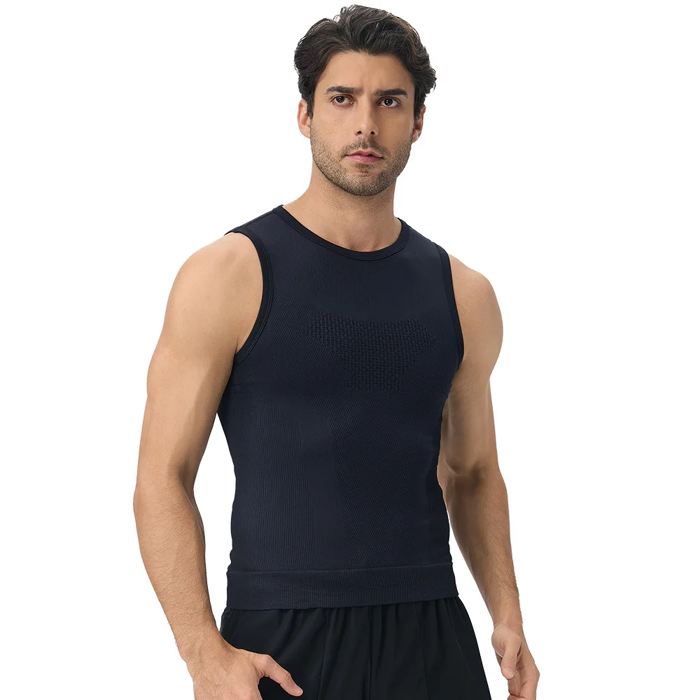 Men's seamless tight fitting vest shaping sports top breathable training fitness suit elastic black running vest quick drying