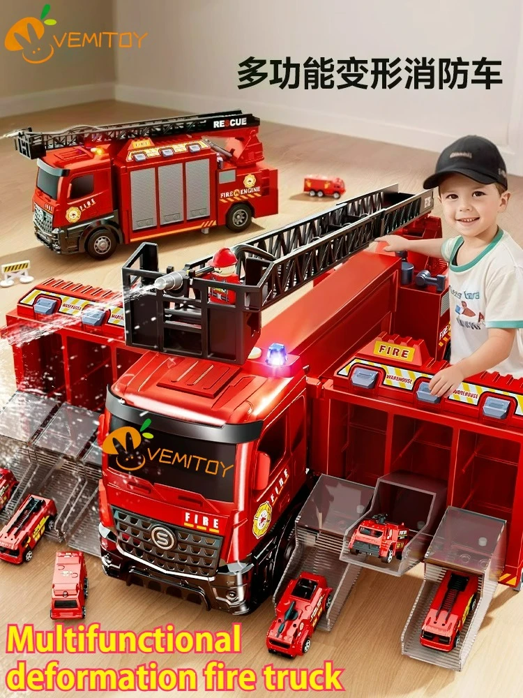 

Water Spray Fire Truck Model Ladder Trucks Toy Car Sound Light Pull Back Doors Opened Vehicle Collection Boys Gift