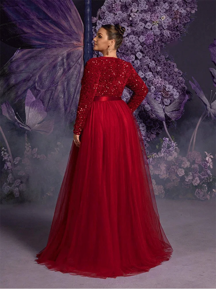 V-neck red velvet long-sleeved Christmas sunset wedding bridesmaids 4XL 5XL evening dress BIG Size Prom gown