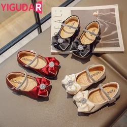 Children Princess Shoes Luxury Crystal Pearl Party Girl's Flat Shoes Patent Leather Three Colors Shallow Chic Kids Shoes