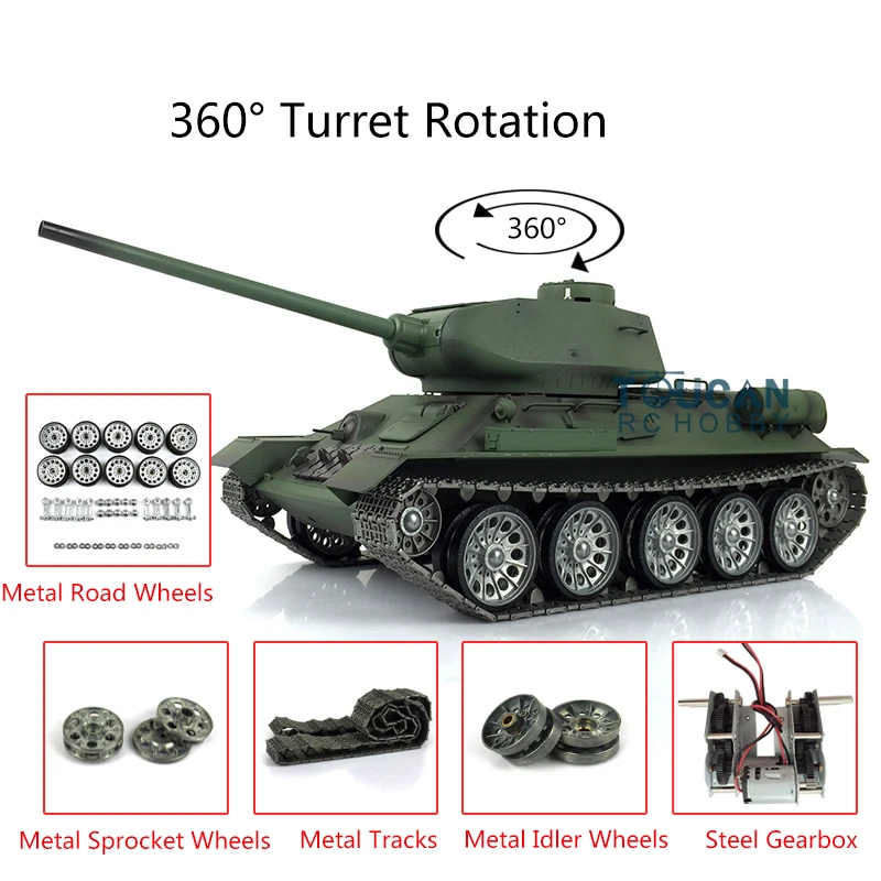 Heng Long 1/16 TK7.0 Soviet T34-85 RC Tank 3909 360° Metal Wheels Tracks Suspension Steel Driving Gearbox Battery