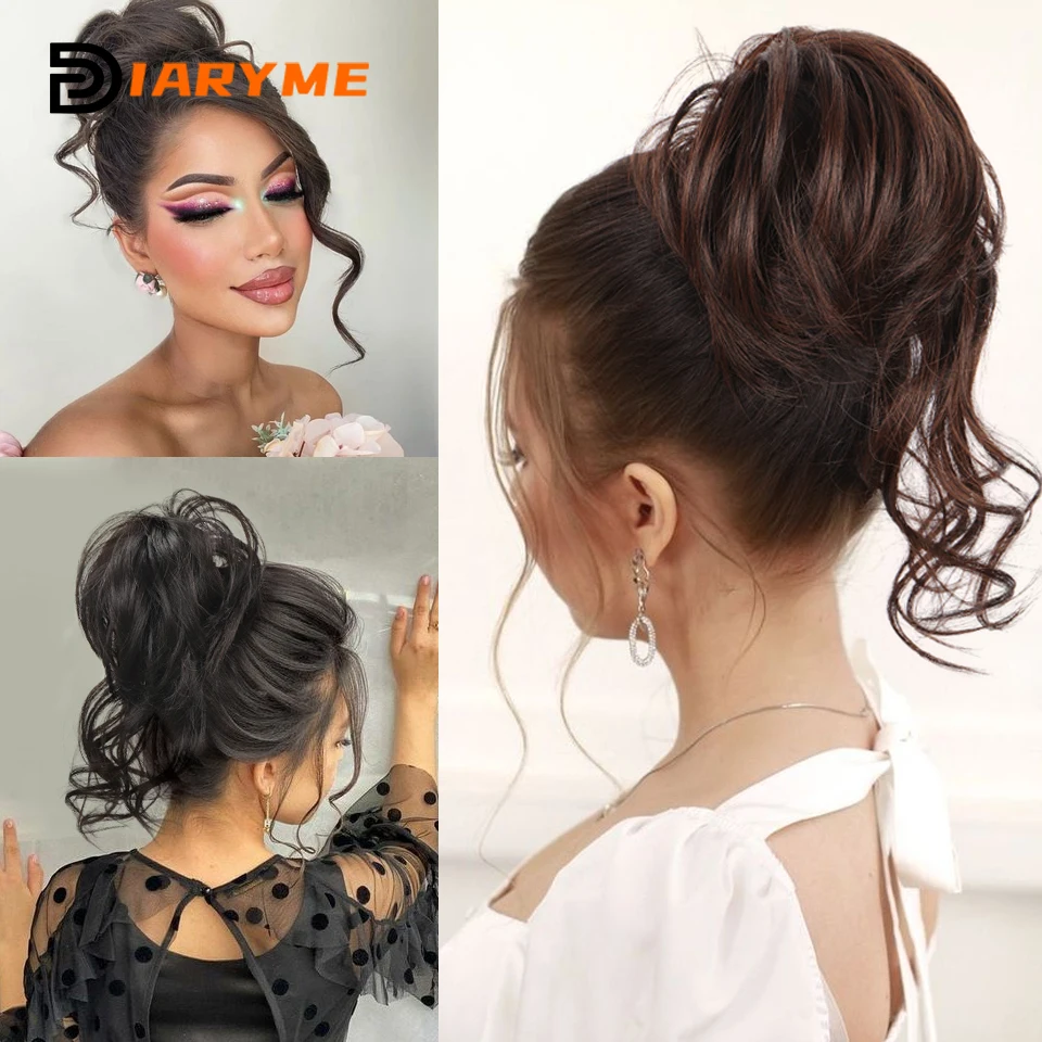 Synthetic Hair Bun Chignon Extension Straight Hair Band Elastic Scrunchy Hair Extension For Women Girls Heat Resistant Fiber Fak