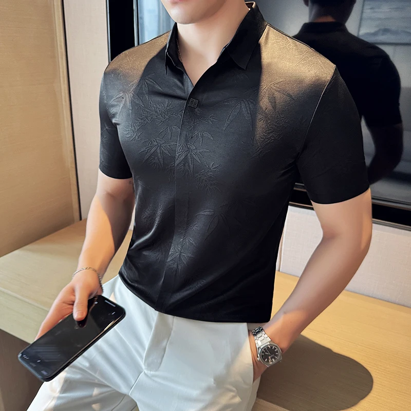 

Chinese Fashion Jacquard Seamless V-neck Polo Shirt Thin Lapel Short Sleeved T-shirt Casual Business Polo Tshirts Men Clothing