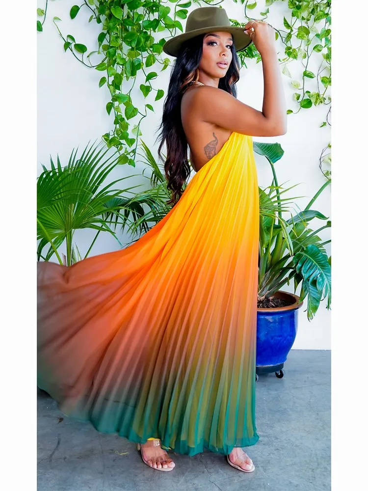 Summer Cover Ups Women Swimsuit Halter Sleeveless Robes Bathing Suit 2022 New Gradient Print Beach Holiday Maxi Dresses Cover-Up