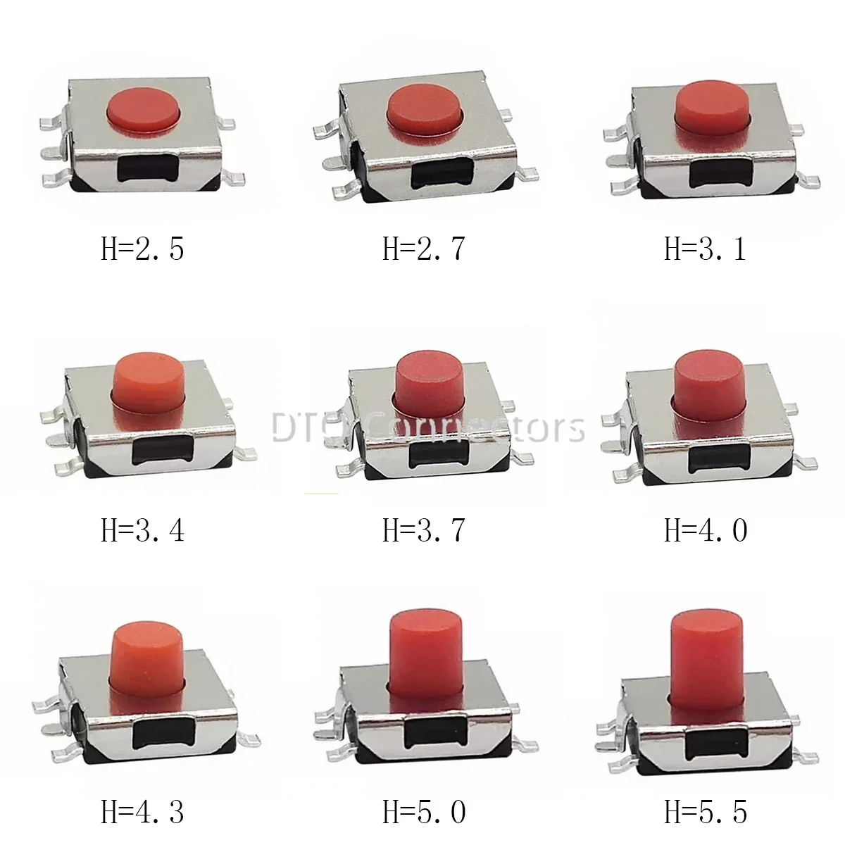 50/100PCS 6.2X6.2mm Height=2.5/2.7/3.1/3.4/3.7/4/4.3/5/5.5mm 5PIN SMD(SMT) Red Tact Button PCB Mounting Momentary Click