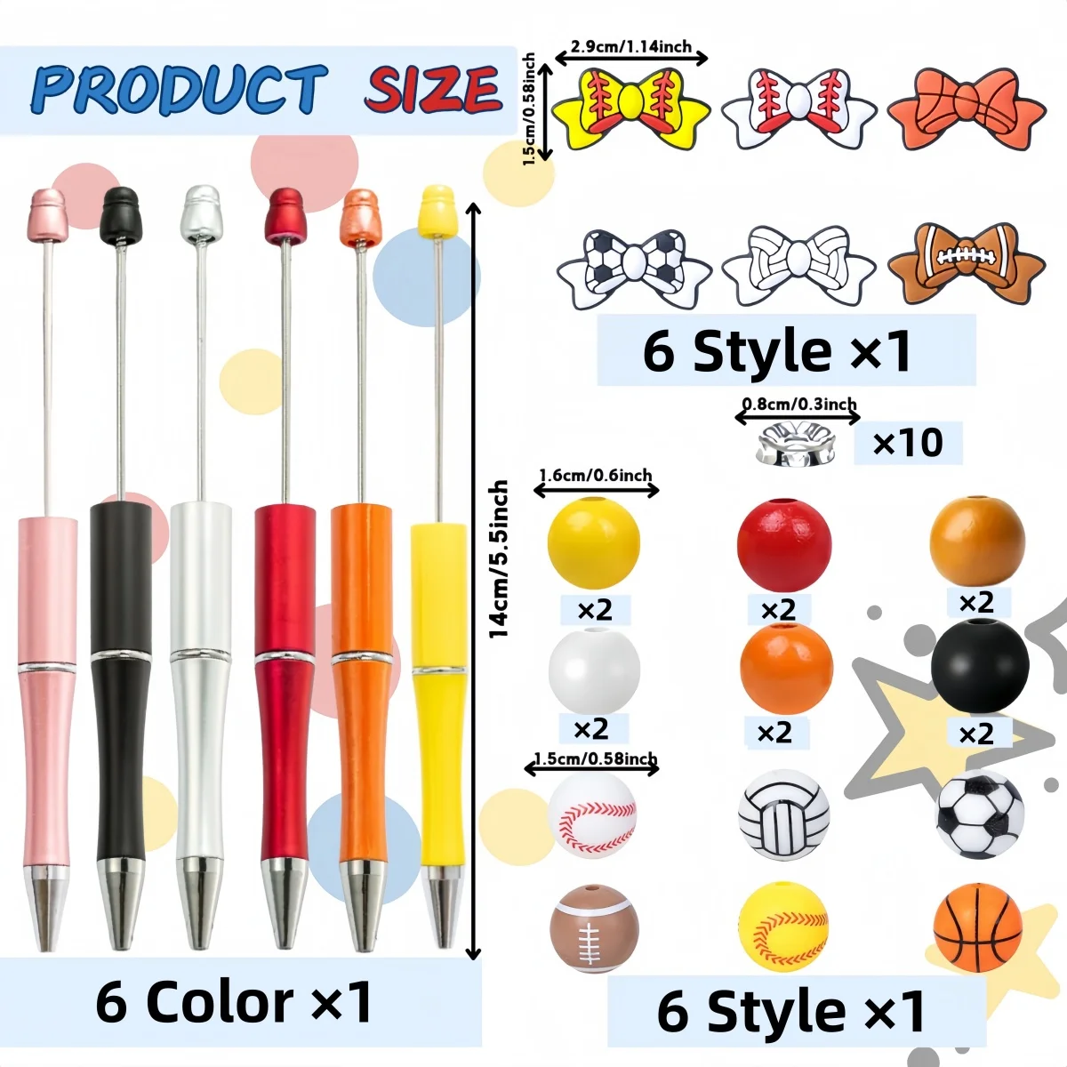 6PCS/12PCS Ball, Football, Basketball, Sports Theme DIY Bead Ballpoint Pen&Silicone Wooden Bead Set，Office&Study Supply
