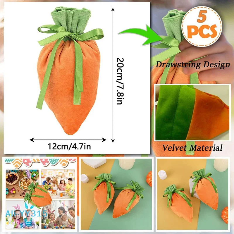 NN82 5Pcs Velvet Rabbit Ear Candy Bags With Drawstring Easter Carrot Gift Bags Bunny Ear Wrapping Pouch Party Favors Supplies