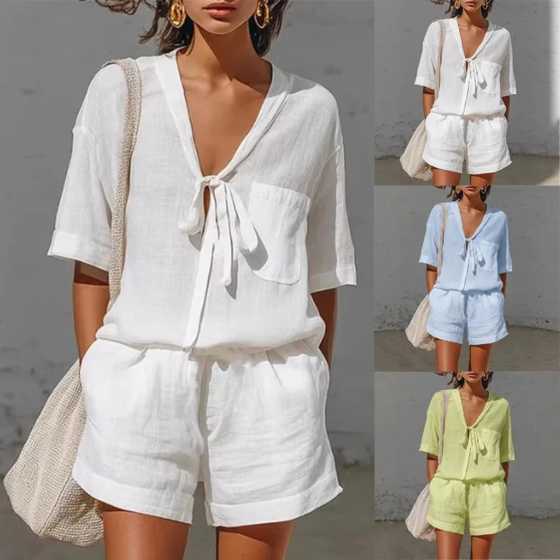 2026 Sommer Neues Einfarbiges Zweiteiler-Set für Damen V-Ausschnitt Kurzarm-Oberteil mit Kordelzug-Tasche Lose Shorts Lässiges Outfit – Detail 3