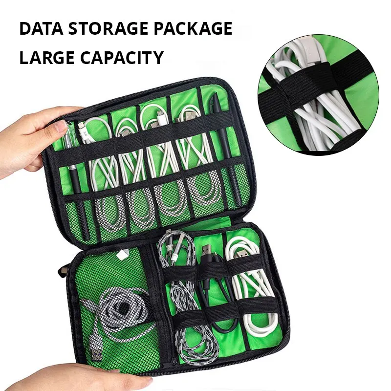 

1pc Black Green Storage Bag Electronic Accessory Organizer Portable Usb Data Cable Charger Plug Travel Waterproof Organizer