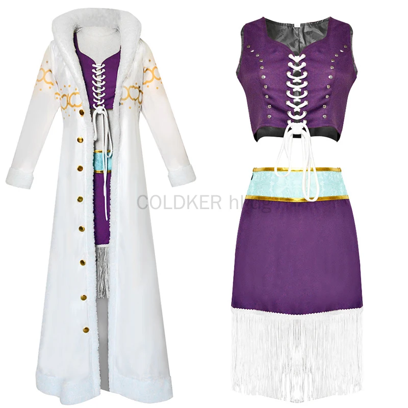 Women Nico Robin Cosplay Costume Anime Crop Top Mini Skirt Set Purple Dress Uniform White Cloak Punk Outfit Halloween for Adult