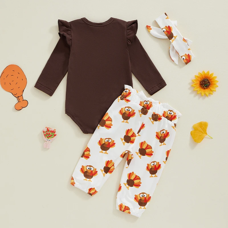 2024-07-13 Lioraitiin Baby Girls 3Pcs Thanksgiving Outfits Long Sleeve Romper + Dots/Turkey Print Pants + Headband Fall Set